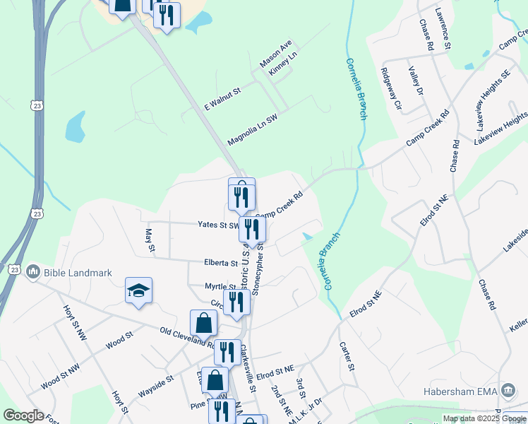 map of restaurants, bars, coffee shops, grocery stores, and more near 165 Camp Creek Road in Cornelia