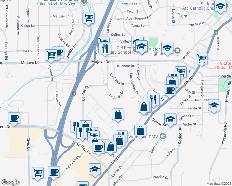 map of restaurants, bars, coffee shops, grocery stores, and more near 15107 Prado Court in Victorville