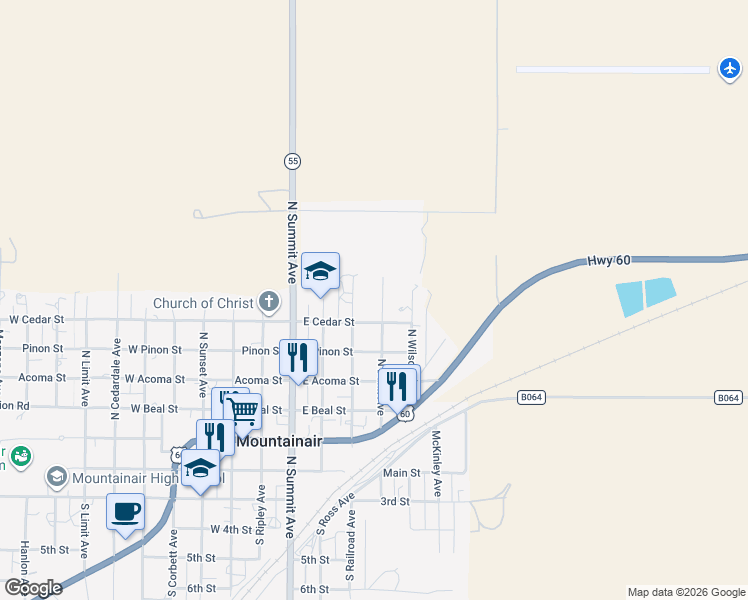 map of restaurants, bars, coffee shops, grocery stores, and more near 512 North Railroad Avenue in Mountainair