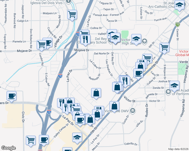 map of restaurants, bars, coffee shops, grocery stores, and more near 15107 Prado Court in Victorville