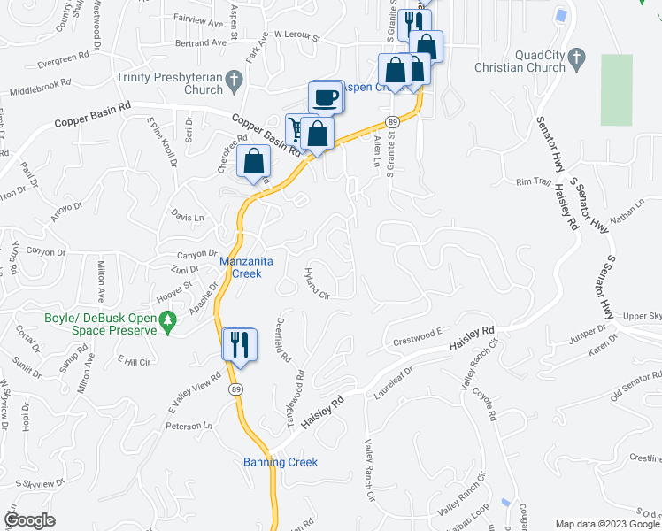 map of restaurants, bars, coffee shops, grocery stores, and more near 1053 Hyland Circle in Prescott