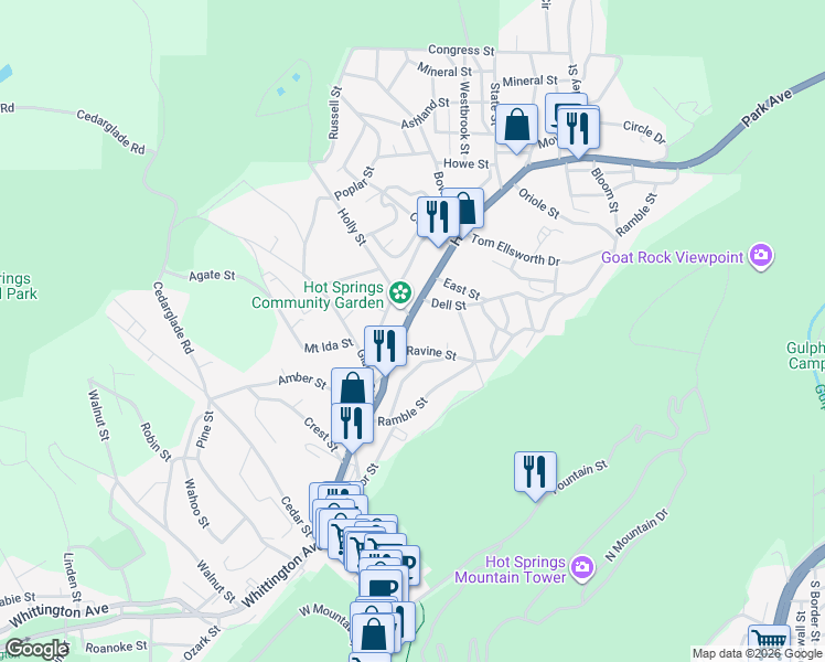 map of restaurants, bars, coffee shops, grocery stores, and more near 644 Park Avenue in Hot Springs