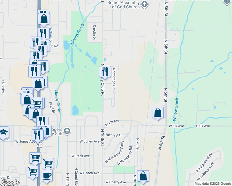 map of restaurants, bars, coffee shops, grocery stores, and more near 1702 Northridge Drive in Duncan