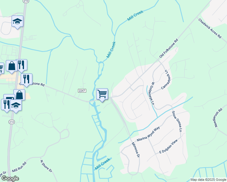 map of restaurants, bars, coffee shops, grocery stores, and more near 1518 Old Folkstone Road in Sneads Ferry