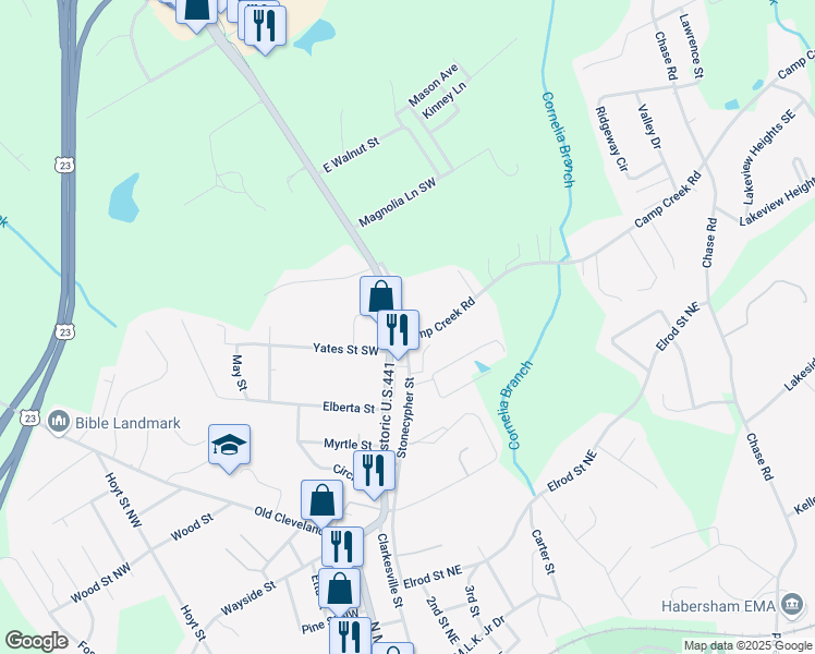 map of restaurants, bars, coffee shops, grocery stores, and more near 165 Camp Creek Road in Cornelia