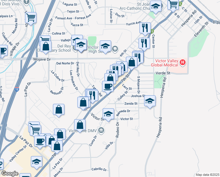 map of restaurants, bars, coffee shops, grocery stores, and more near 15048 7th Street in Victorville