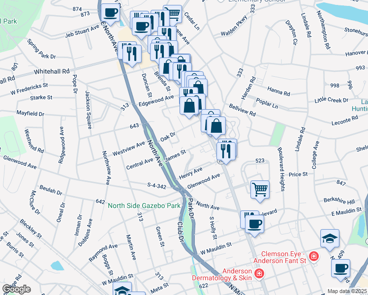 map of restaurants, bars, coffee shops, grocery stores, and more near 202 James Street in Anderson