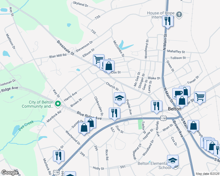 map of restaurants, bars, coffee shops, grocery stores, and more near 111 Church Street in Belton