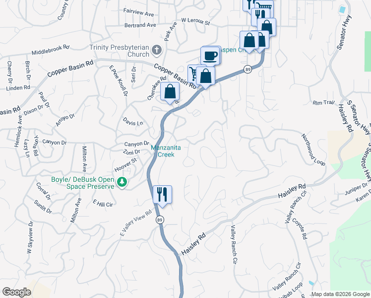 map of restaurants, bars, coffee shops, grocery stores, and more near 924 Buck Hill Road in Prescott