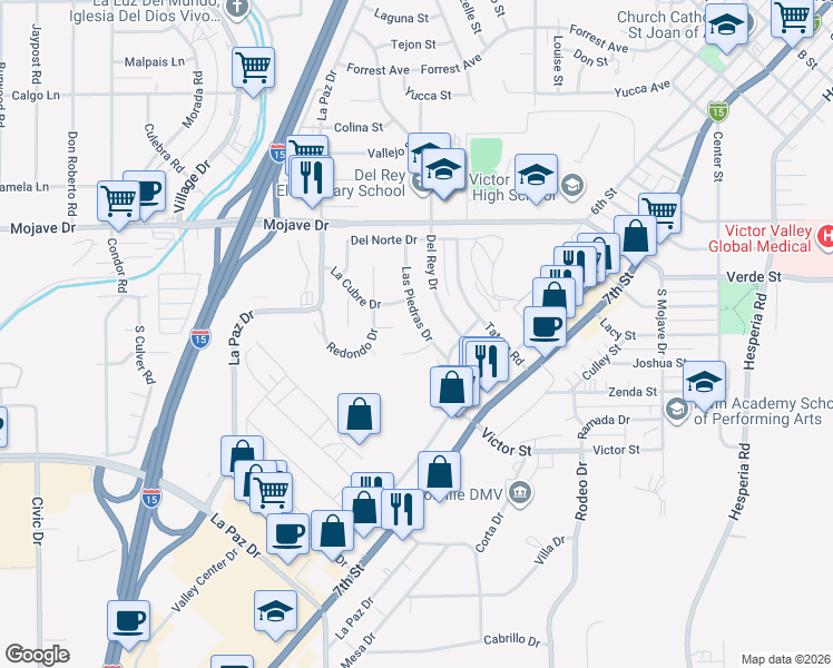 map of restaurants, bars, coffee shops, grocery stores, and more near 15120 Las Piedras Drive in Victorville