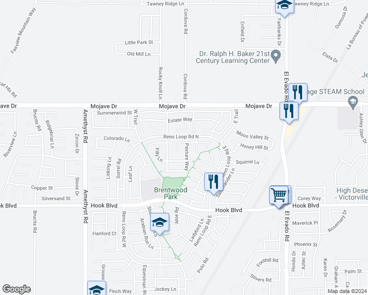 map of restaurants, bars, coffee shops, grocery stores, and more near 15134 Pasture Way in Victorville