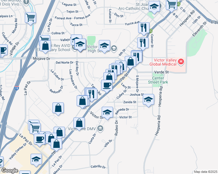 map of restaurants, bars, coffee shops, grocery stores, and more near 15048 Loves Lane in Victorville