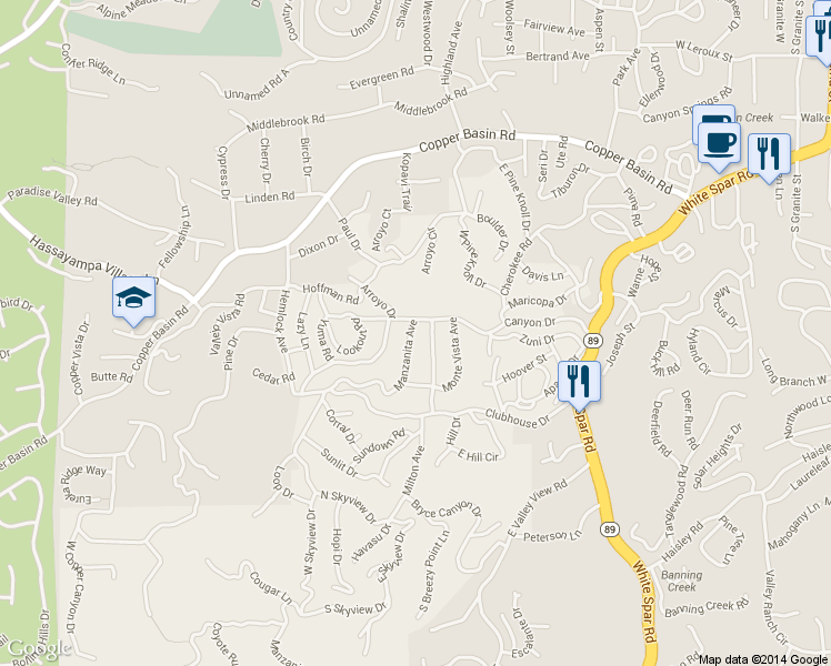 map of restaurants, bars, coffee shops, grocery stores, and more near 913 Canyon Drive in Prescott