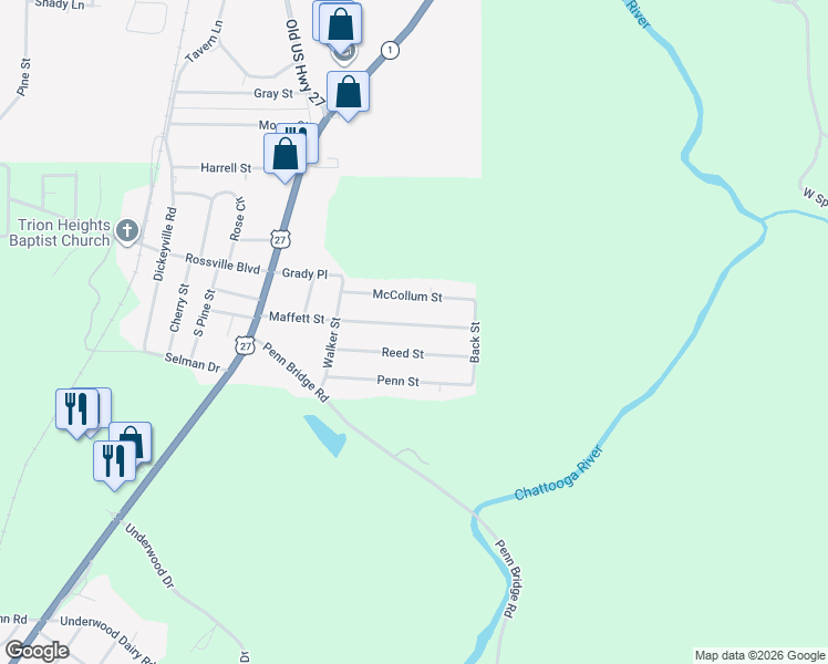 map of restaurants, bars, coffee shops, grocery stores, and more near 346 Maffett Street in Trion