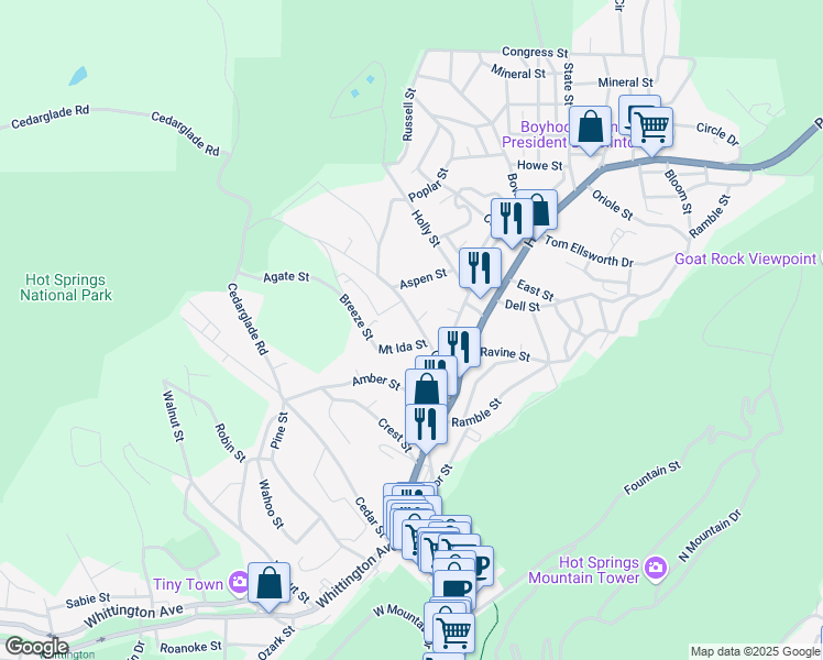 map of restaurants, bars, coffee shops, grocery stores, and more near 241 Glade Street in Hot Springs