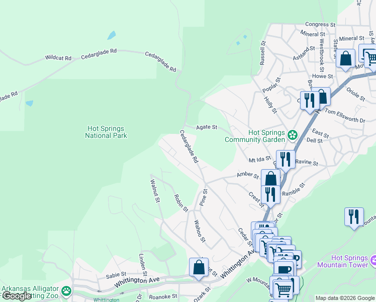 map of restaurants, bars, coffee shops, grocery stores, and more near 123 Cedarglade Road in Hot Springs