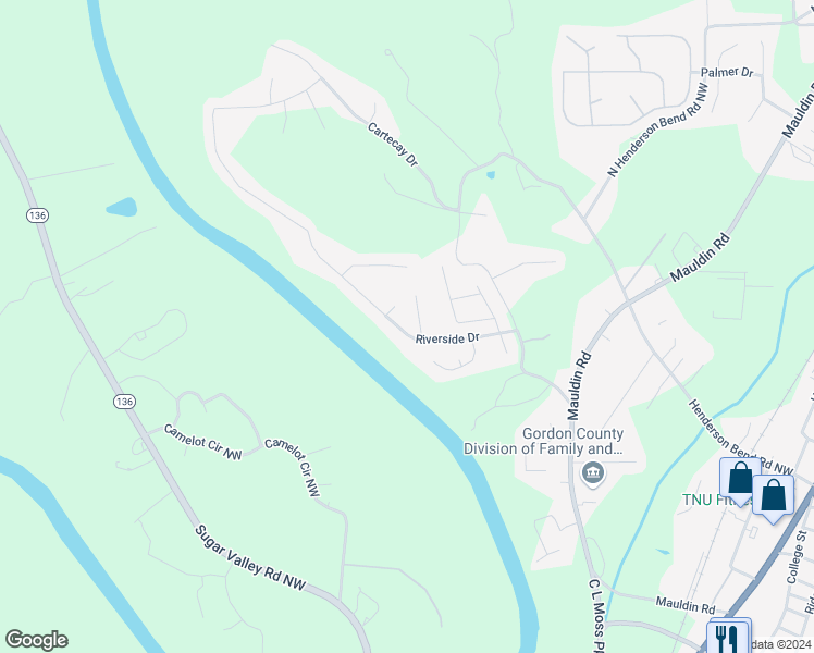 map of restaurants, bars, coffee shops, grocery stores, and more near 501 Riverside Drive in Calhoun