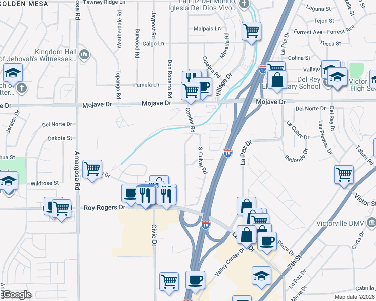 map of restaurants, bars, coffee shops, grocery stores, and more near 15115 Condor Road in Victorville