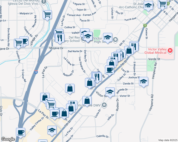 map of restaurants, bars, coffee shops, grocery stores, and more near 15030 Del Rey Drive in Victorville