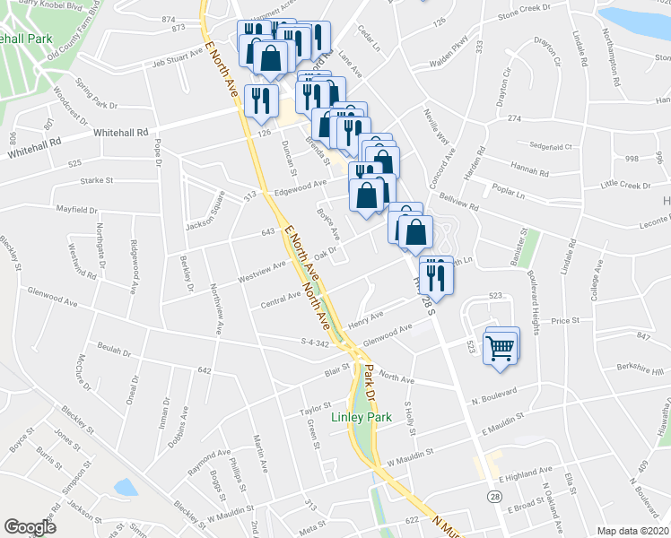 map of restaurants, bars, coffee shops, grocery stores, and more near 305 Elrod Circle in Anderson