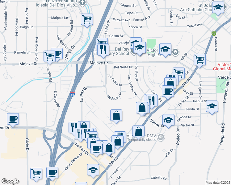 map of restaurants, bars, coffee shops, grocery stores, and more near 15118 Prado Court in Victorville