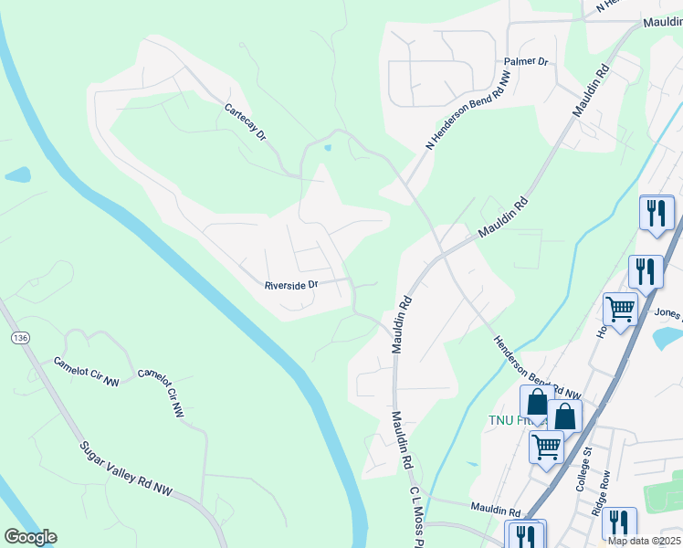 map of restaurants, bars, coffee shops, grocery stores, and more near 103 River Meadow Drive in Calhoun