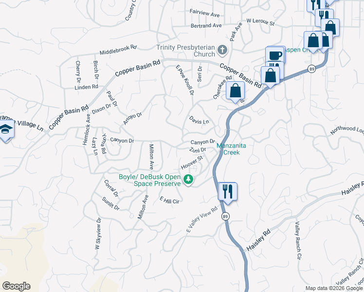 map of restaurants, bars, coffee shops, grocery stores, and more near 745 Zuni Drive in Prescott