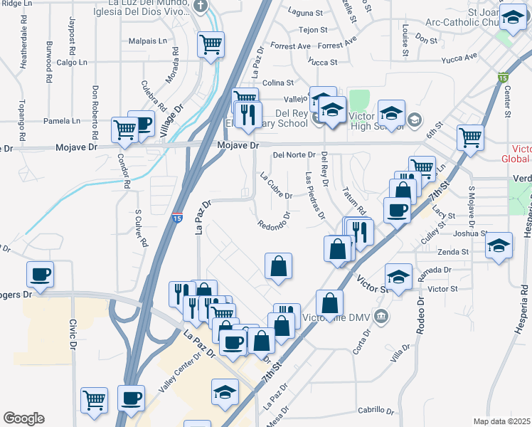 map of restaurants, bars, coffee shops, grocery stores, and more near 15118 Prado Court in Victorville