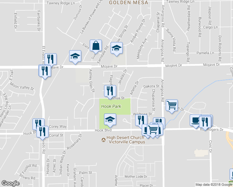 map of restaurants, bars, coffee shops, grocery stores, and more near 15128 Jeraldo Drive in Victorville