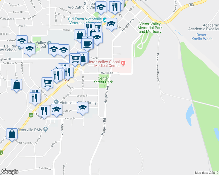 map of restaurants, bars, coffee shops, grocery stores, and more near 15107 Hesperia Road in Victorville
