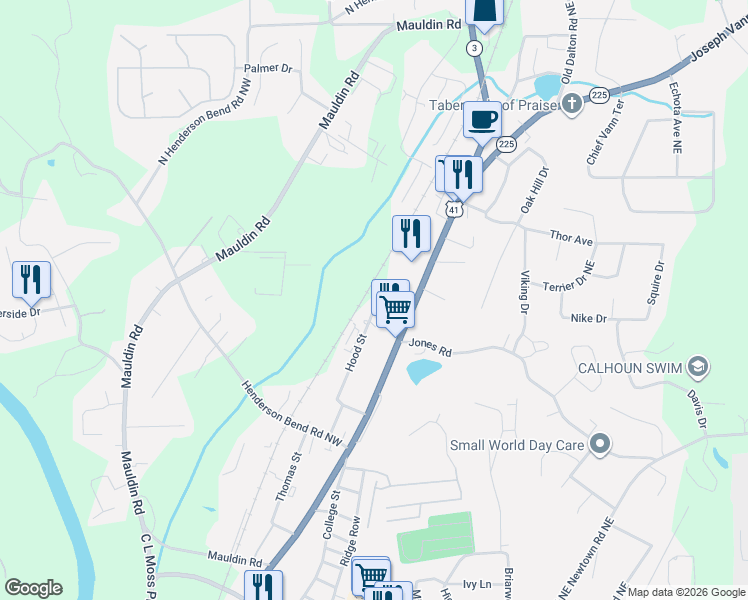 map of restaurants, bars, coffee shops, grocery stores, and more near 232 Hood Street in Calhoun