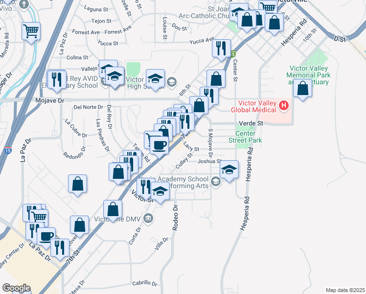 map of restaurants, bars, coffee shops, grocery stores, and more near 15095 7th Street in Victorville
