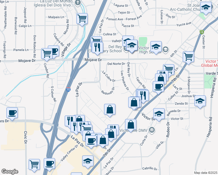 map of restaurants, bars, coffee shops, grocery stores, and more near 15118 Prado Court in Victorville