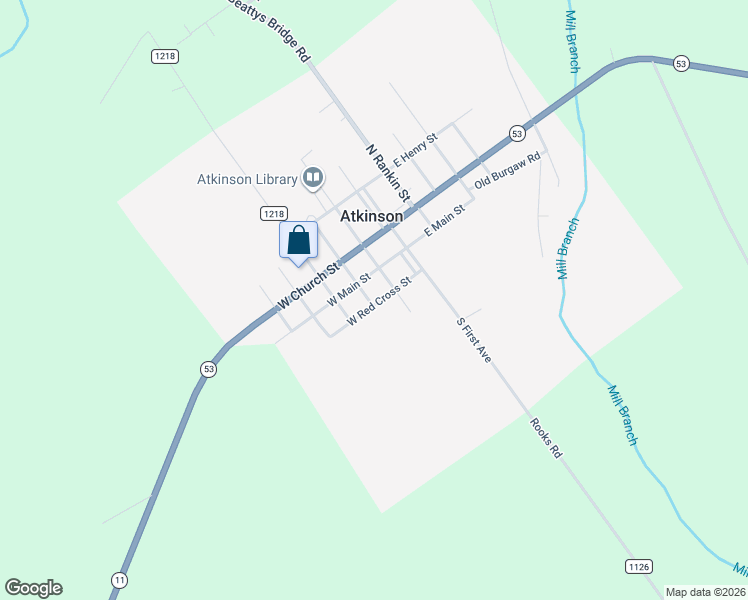 map of restaurants, bars, coffee shops, grocery stores, and more near 215 South College Street in Atkinson