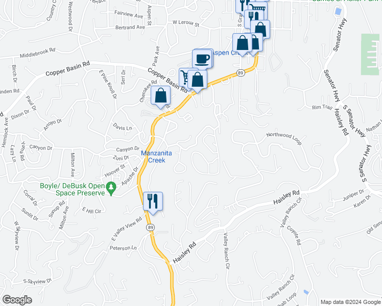 map of restaurants, bars, coffee shops, grocery stores, and more near 1045 Hyland Cir in Prescott