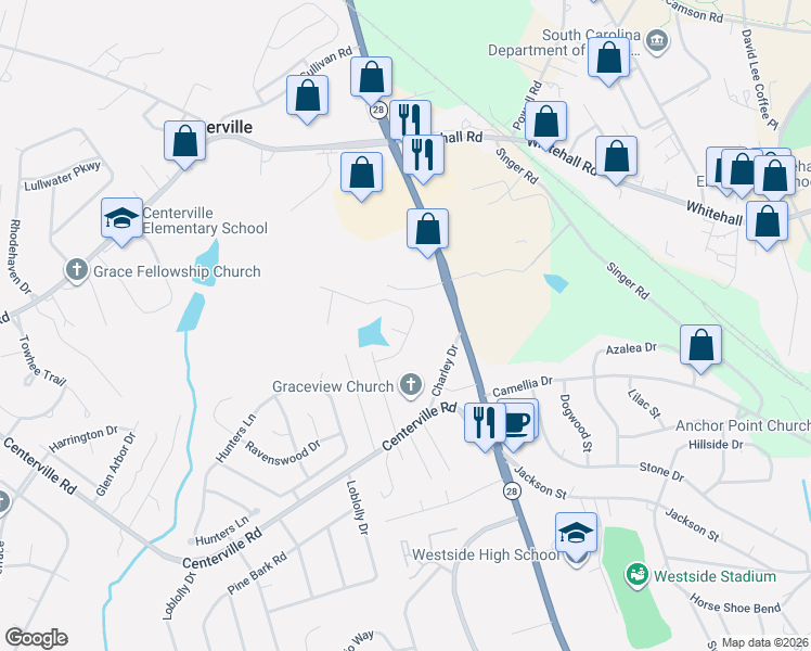 map of restaurants, bars, coffee shops, grocery stores, and more near 300 Ashwood Lane in Anderson