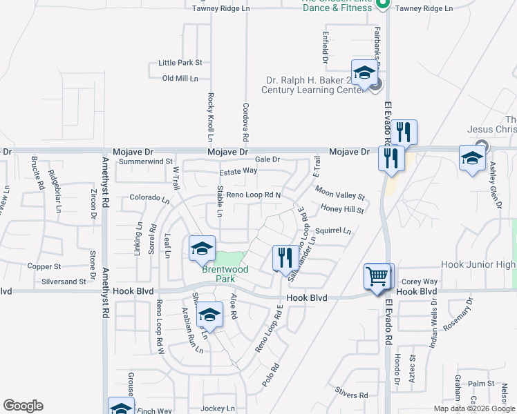 map of restaurants, bars, coffee shops, grocery stores, and more near 15142 Foal Court in Victorville