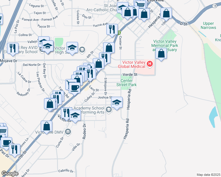 map of restaurants, bars, coffee shops, grocery stores, and more near 16730 Lacy Street in Victorville