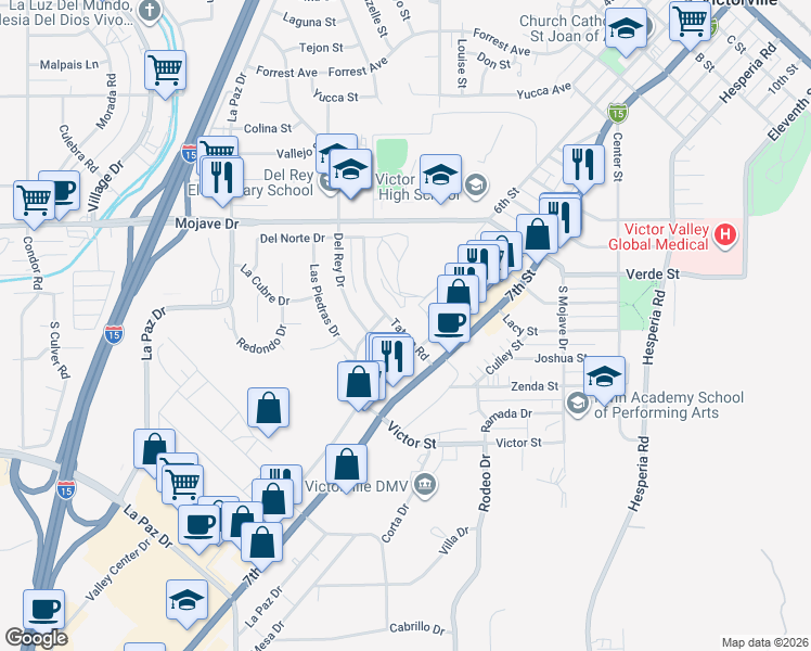 map of restaurants, bars, coffee shops, grocery stores, and more near 15031 Tatum Road in Victorville