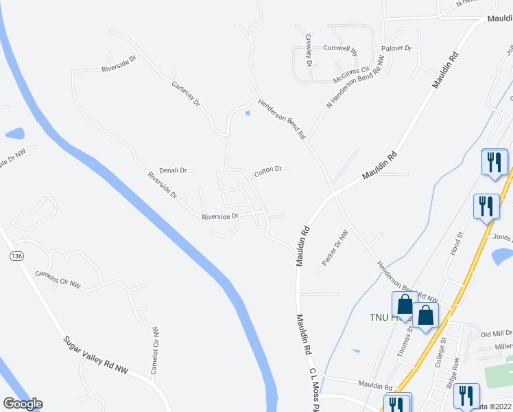 map of restaurants, bars, coffee shops, grocery stores, and more near 103 River Meadow Drive in Calhoun