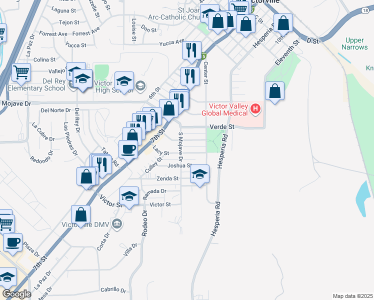 map of restaurants, bars, coffee shops, grocery stores, and more near 16754 Lacy Street in Victorville