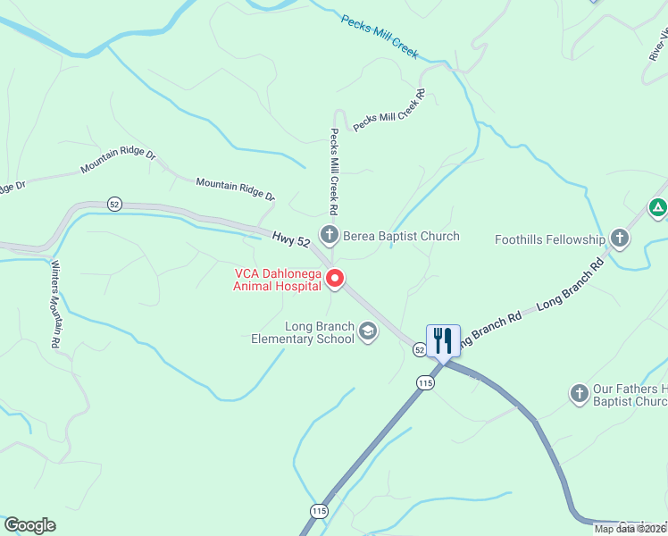 map of restaurants, bars, coffee shops, grocery stores, and more near 0 Pecks Mill Creek Road in Dahlonega