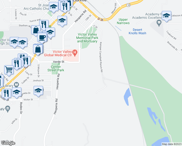 map of restaurants, bars, coffee shops, grocery stores, and more near 10 Kemper Campbell Ranch Road in Victorville