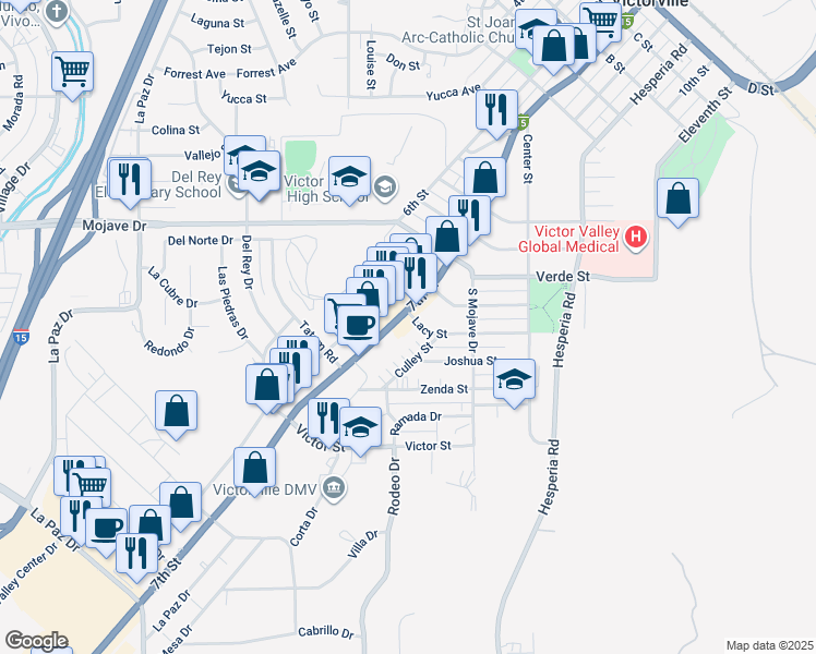 map of restaurants, bars, coffee shops, grocery stores, and more near 15095 7th Street in Victorville