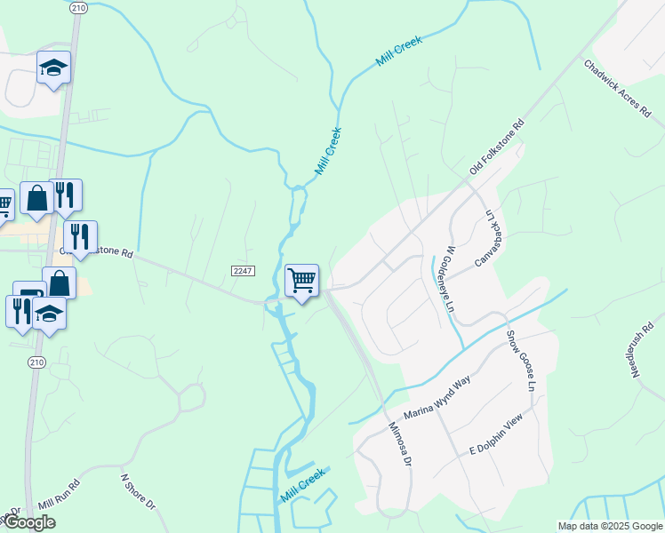 map of restaurants, bars, coffee shops, grocery stores, and more near 106 Laib Lane in Sneads Ferry