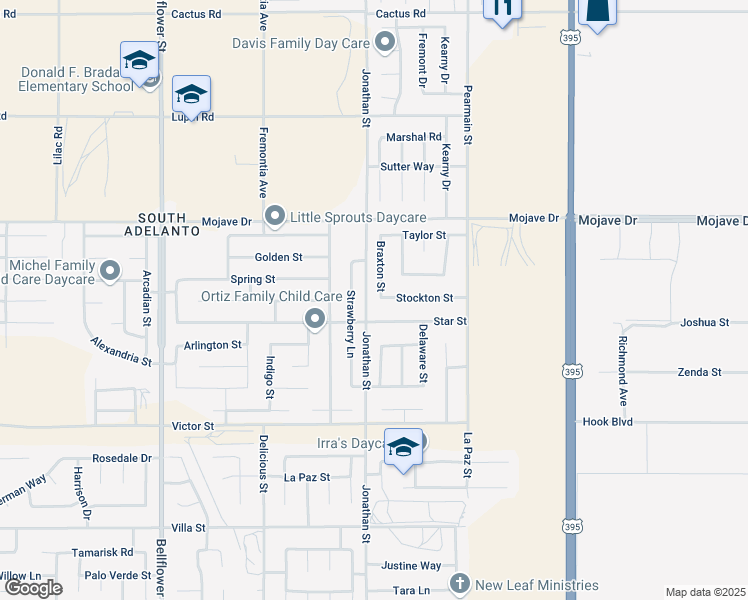 map of restaurants, bars, coffee shops, grocery stores, and more near 15142 Braxton Street in Adelanto