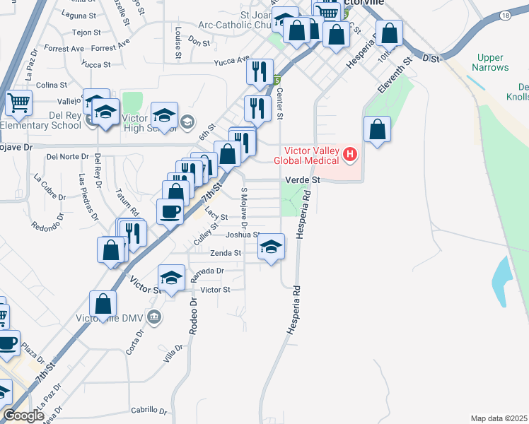 map of restaurants, bars, coffee shops, grocery stores, and more near 16754 Lacy St in Victorville