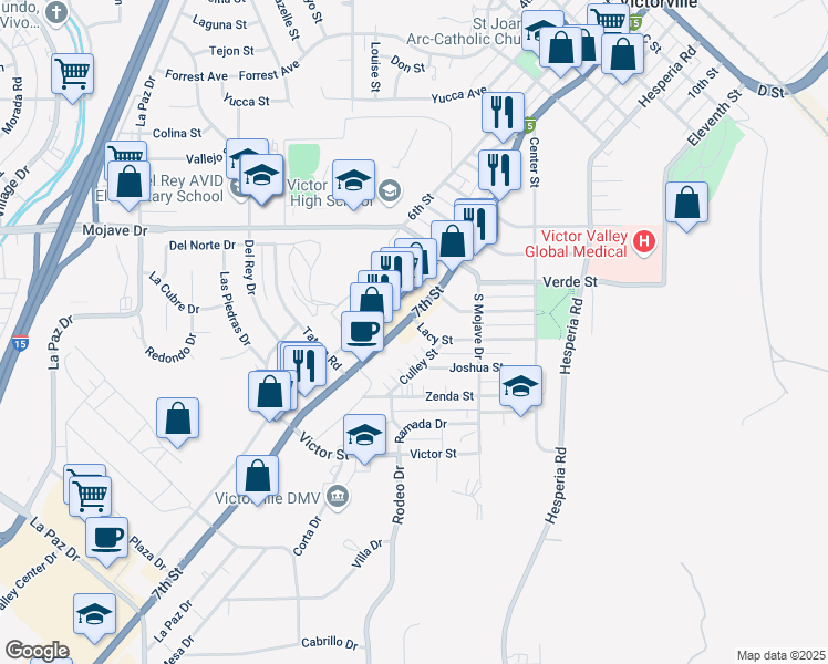map of restaurants, bars, coffee shops, grocery stores, and more near 15070 Culley Street in Victorville