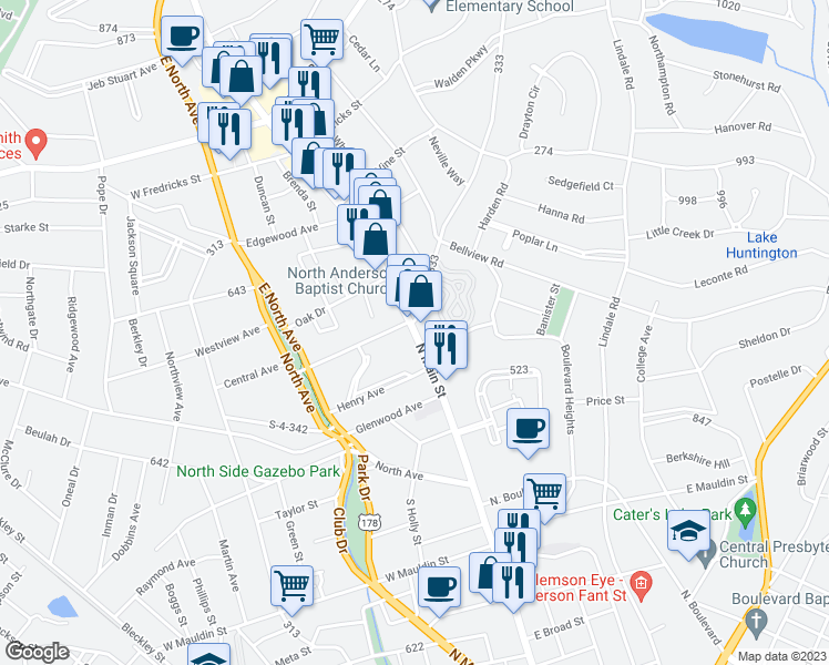 map of restaurants, bars, coffee shops, grocery stores, and more near 2280 North Main Street in Anderson