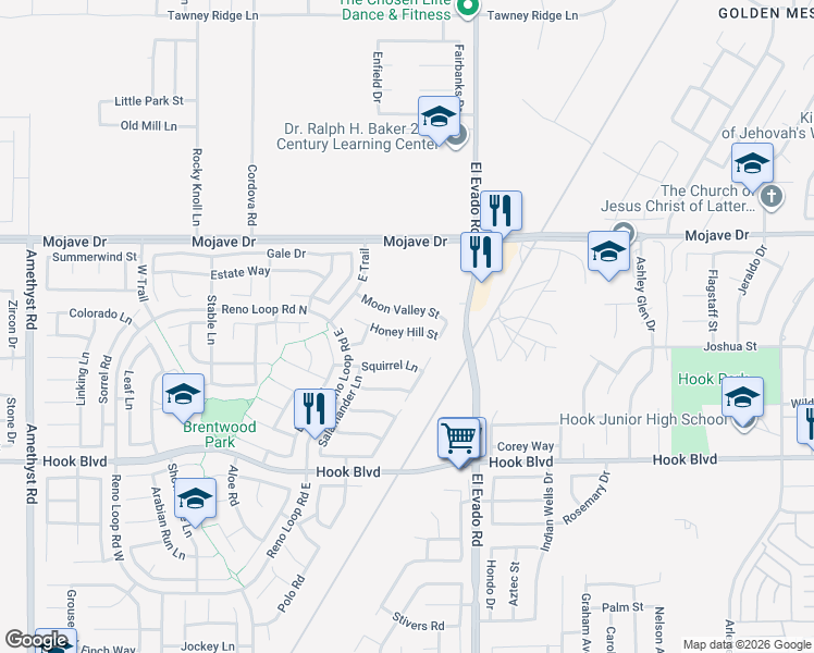map of restaurants, bars, coffee shops, grocery stores, and more near 14432 Honey Hill Street in Victorville